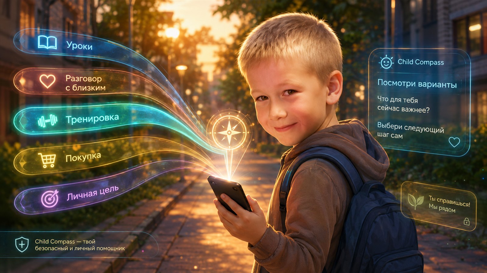 Иллюстрация Child Compass: ребёнок с цифровым компасом видит варианты следующего самостоятельного шага